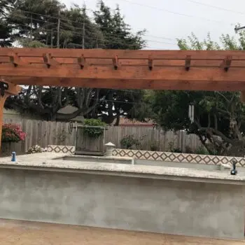 Outdoor kitchen near trimmed trees